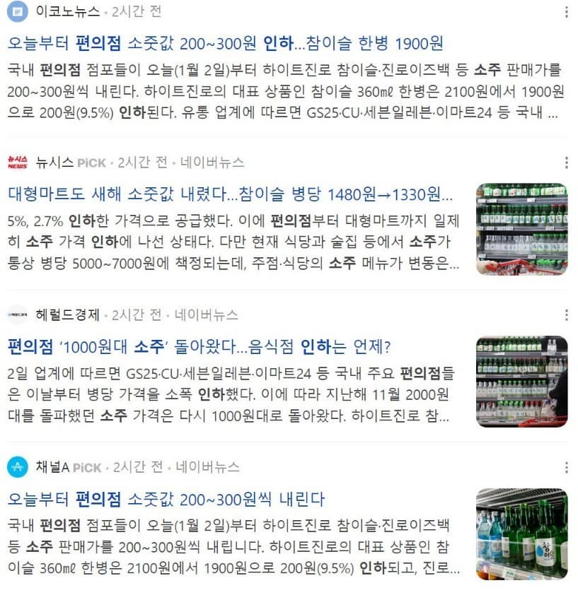 편의점 소주값 인하예정