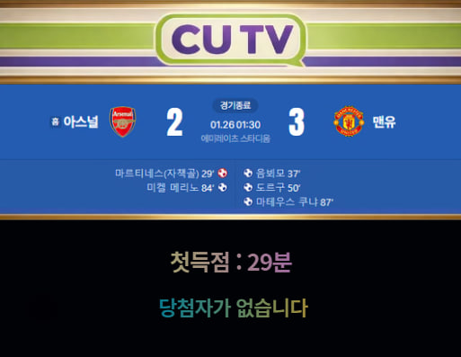 Re: 【 CUTV 예측이벤트 결과발표 】 프리미어리그 1월 26일 아스널 VS 맨유  첫 득점 시간 예측하기