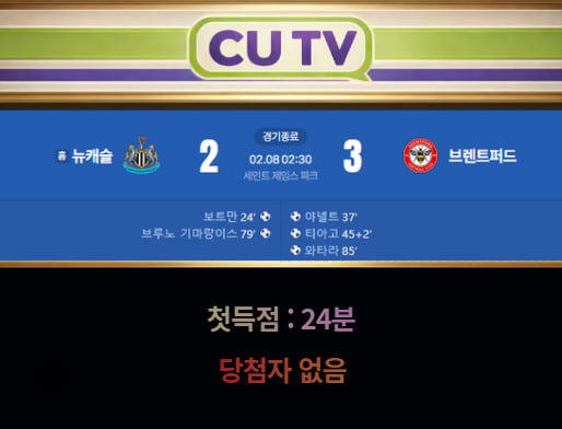 【 CUTV 예측이벤트 종료】 프리미어리그 2월 8일 뉴캐슬 VS 브렌트퍼드  첫 득점 시간 예측하기