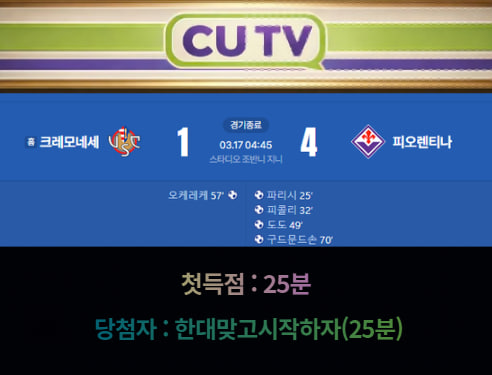 【 CUTV 예측이벤트 종료】 세리에A 3월 17일 크레모네세 VS 피오렌티나 첫 득점 시간 예측하기