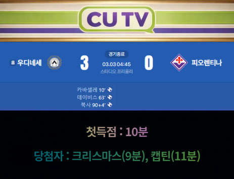 【 CUTV 예측이벤트 종료】 세리에A 3월 3일 우디네세 VS 피오렌티나 첫 득점 시간 예측하기