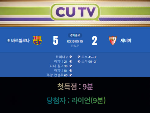 【 CUTV 예측이벤트 종료】 라리가 3월 16일 바르셀로나 VS 세비야 첫 득점 시간 예측하기