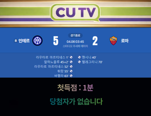 【 CUTV 예측이벤트 종료】 세리에A 4월 6일 인테르 VS 로마 첫 득점 시간 예측하기
