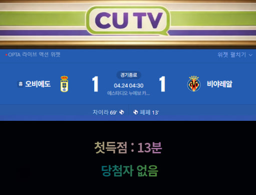 【 CUTV 예측이벤트 종료】 라리가 4월 24일 오비에도 VS 비야레알 첫 득점 시간 예측하기
