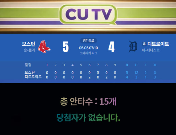 【 CUTV 예측이벤트 종료】 MLB 5월 5일 보스턴 VS 디트로이트  총 안타수 예측하기
